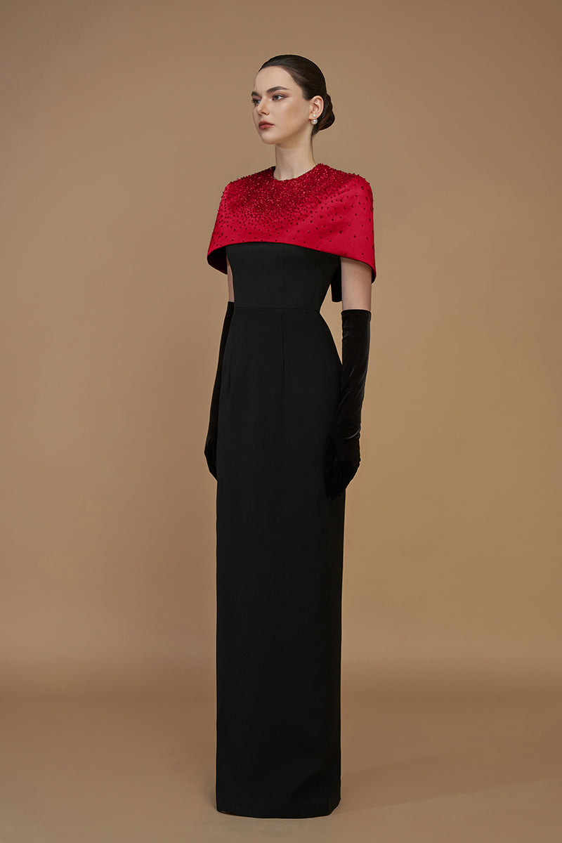 CREPE AND SILK TAFFETA CAP SLEEVE GOWN IN RED - CULT MIA