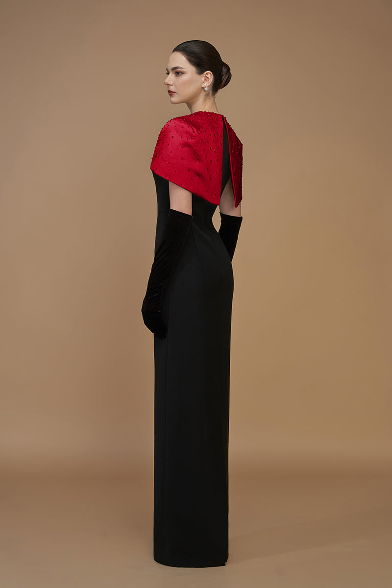CREPE AND SILK TAFFETA CAP SLEEVE GOWN IN RED - CULT MIA