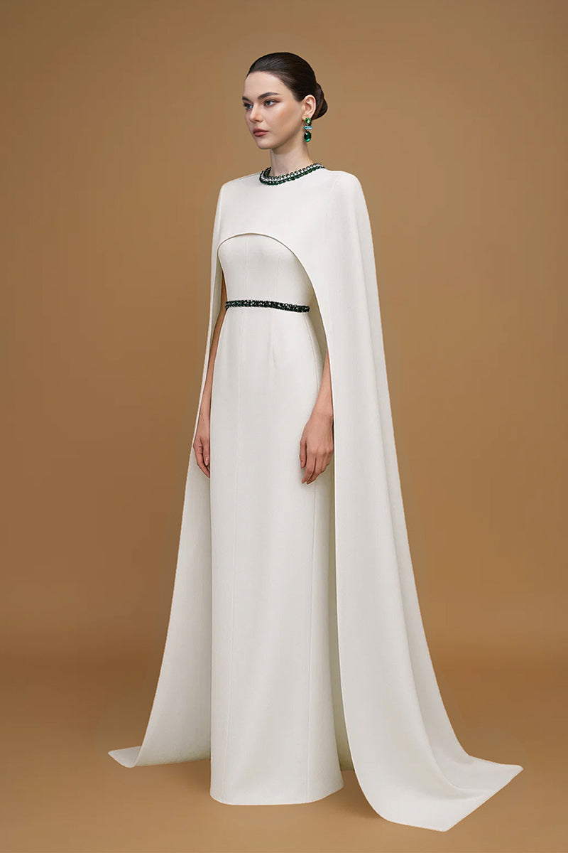 CREPE AND SILK LINED CAPPED WHITE GOWN - CULT MIA