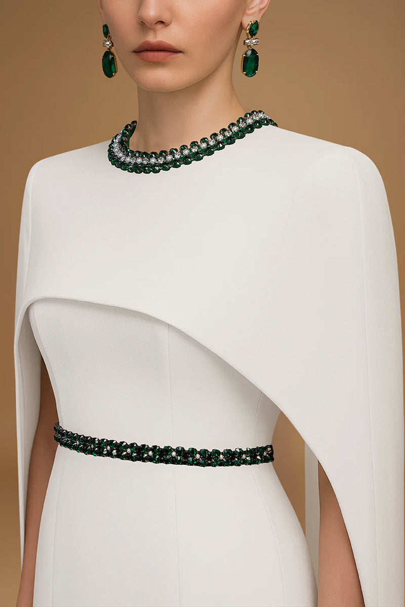 CREPE AND SILK LINED CAPPED WHITE GOWN - CULT MIA