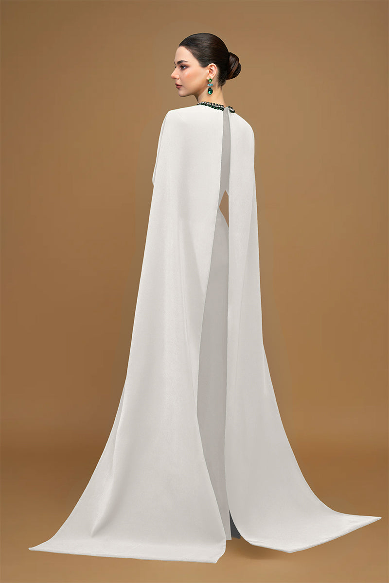 CREPE AND SILK LINED CAPPED WHITE GOWN - CULT MIA