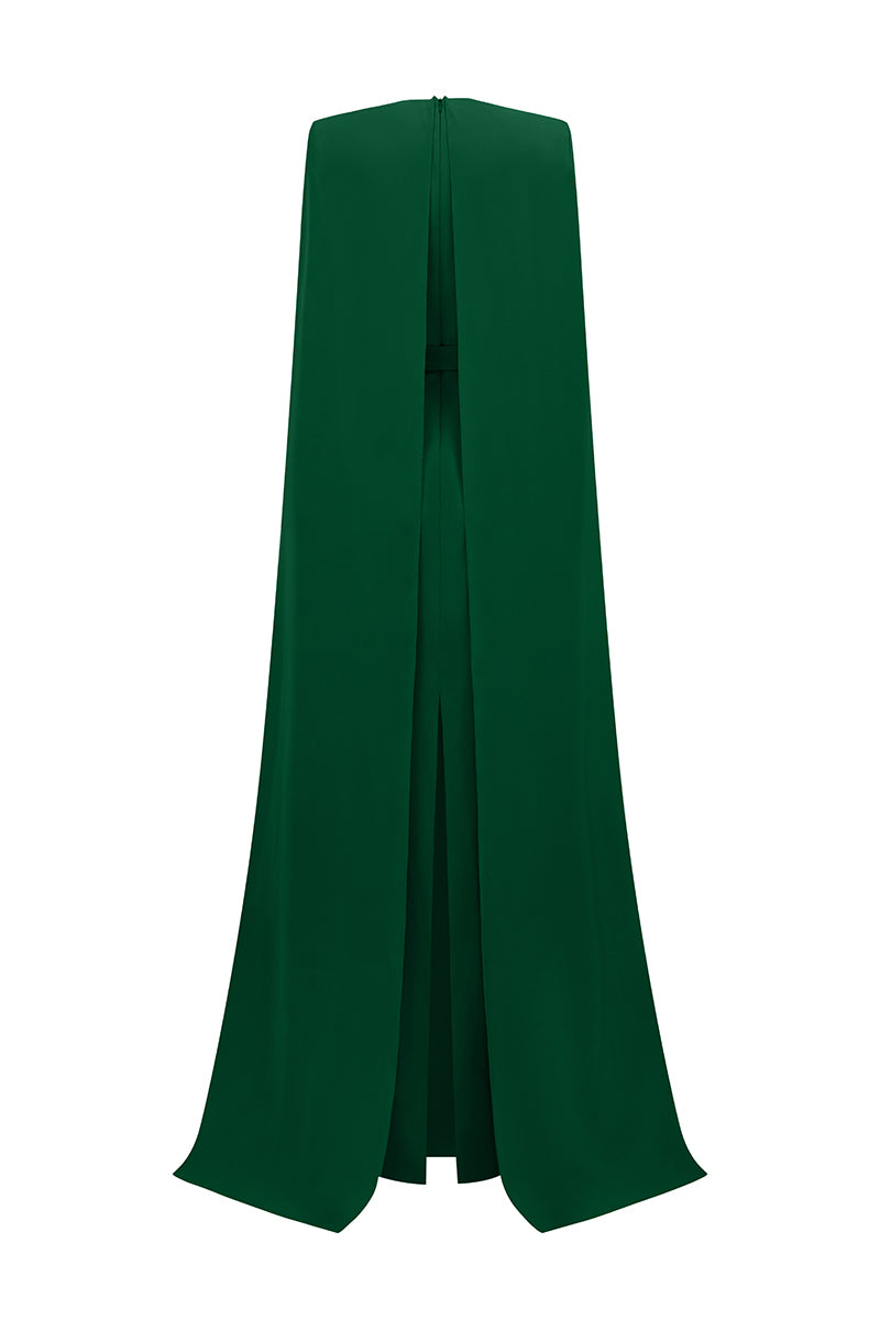 CREPE AND SILK TAFFETA CAPE EMERALD GOWN - CULT MIA