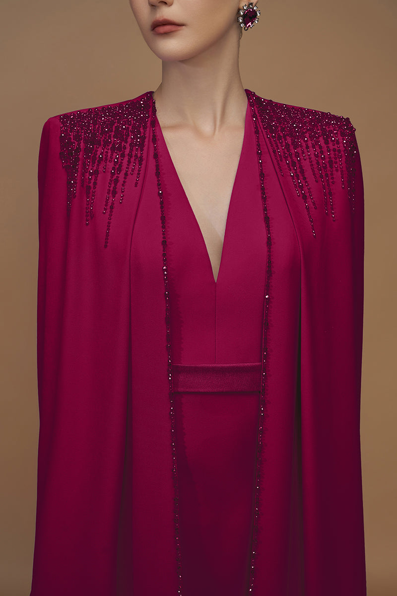 CREPE AND SILK TAFFETA CAPE LIPSTICK GOWN - CULT MIA