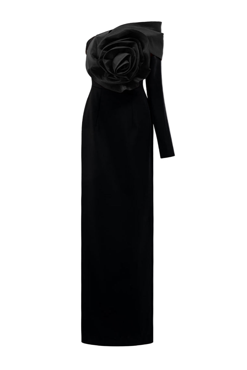 ROSETTE CREPE AND TAFFETA MAXI DRESS IN BLACK | CULT MIA | I.H.F ROSETTE CREPE AND TAFFETA MAXI DRESS IN BLACK | CULT MIA | I.H.F