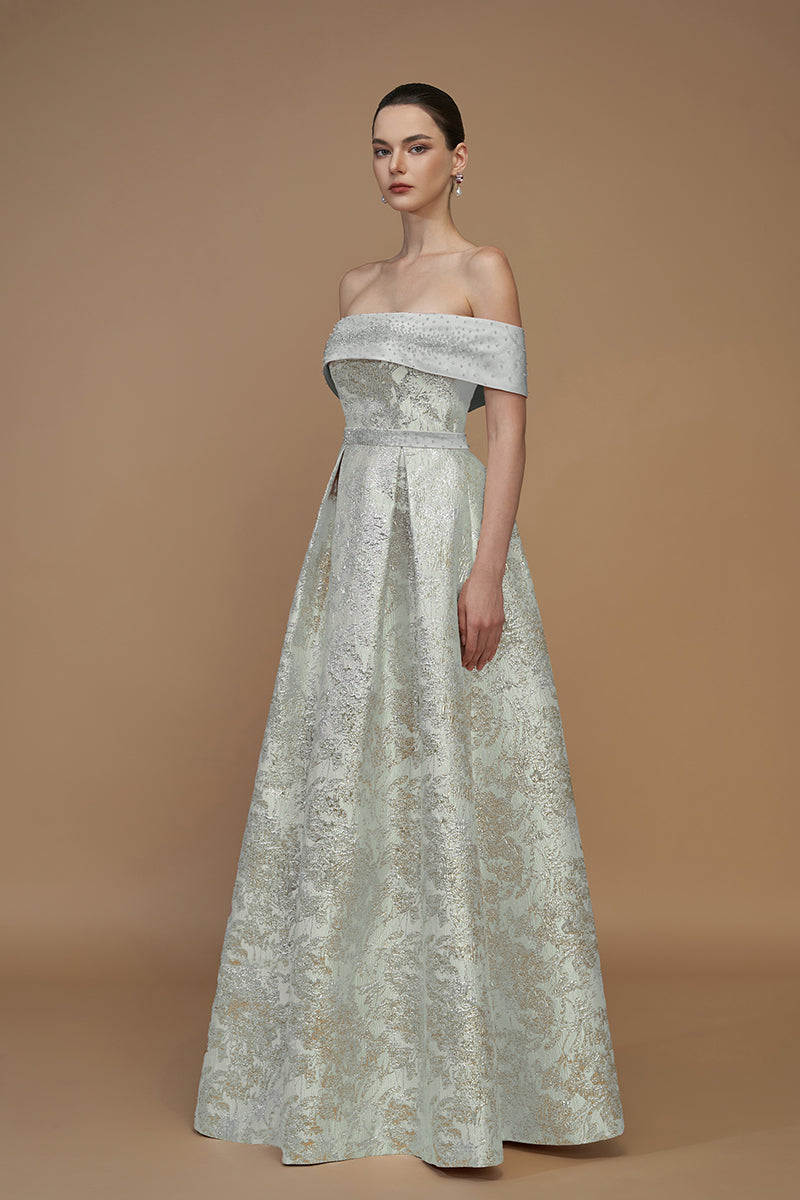 METALLIC JACQUARD AND SILK TAFFETA MINT GOWN - CULT MIA