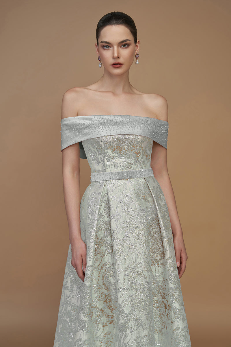 METALLIC JACQUARD AND SILK TAFFETA MINT GOWN - CULT MIA