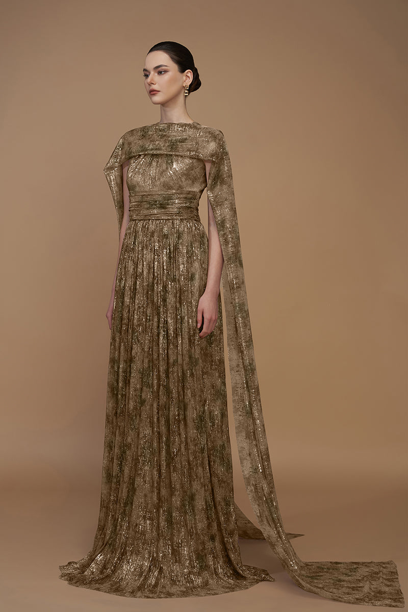 TIE-DYE METALLIC CHIFFON CAPE GOWN - CULT MIA