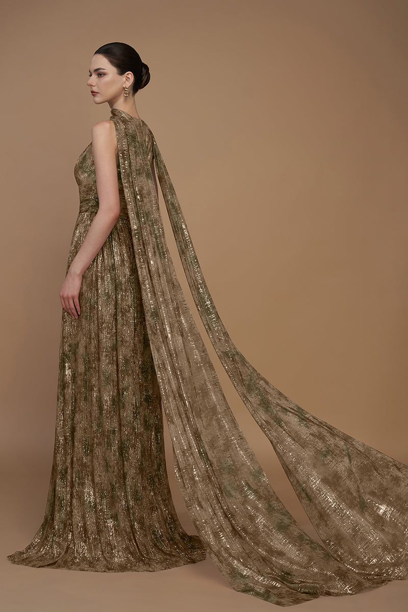 TIE-DYE METALLIC CHIFFON CAPE GOWN - CULT MIA