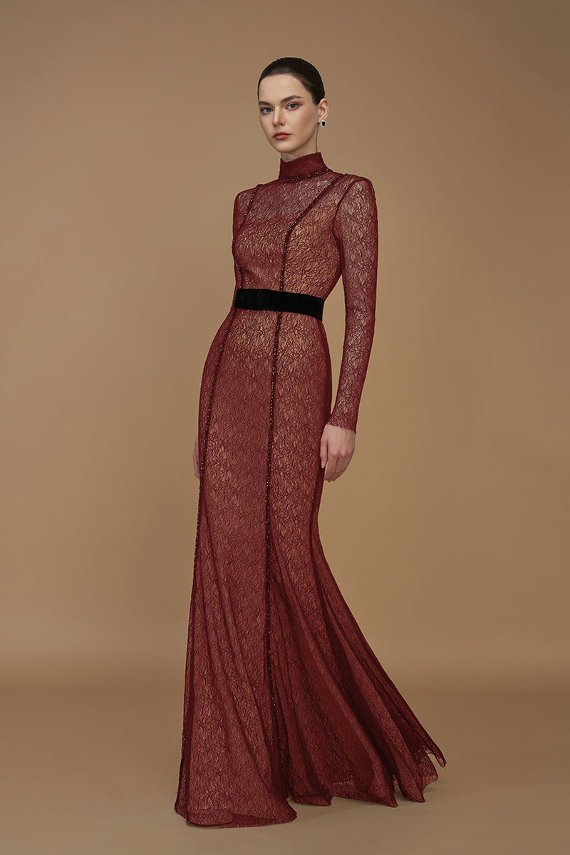 VINE GUIPURE LACE AND LYON VELVET LIPSTICK GOWN - CULT MIA