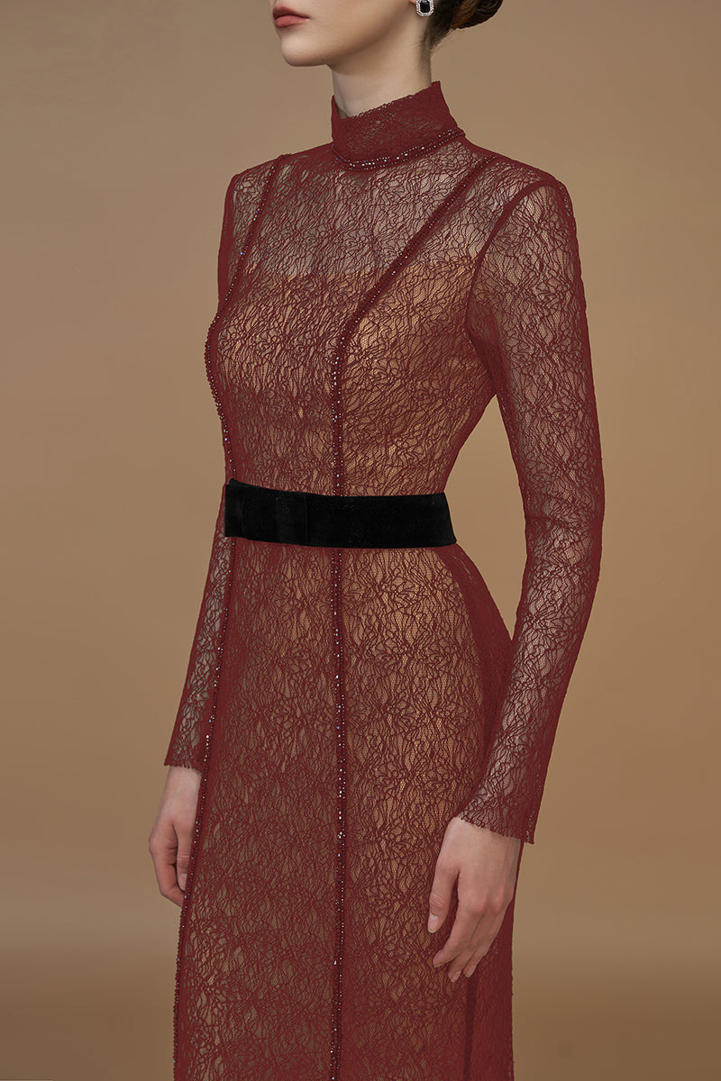 VINE GUIPURE LACE AND LYON VELVET LIPSTICK GOWN - CULT MIA