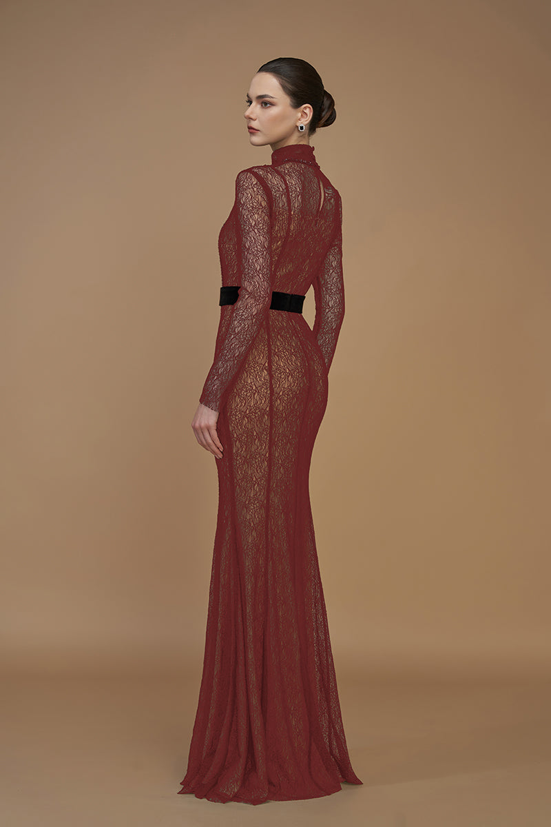 VINE GUIPURE LACE AND LYON VELVET LIPSTICK GOWN - CULT MIA