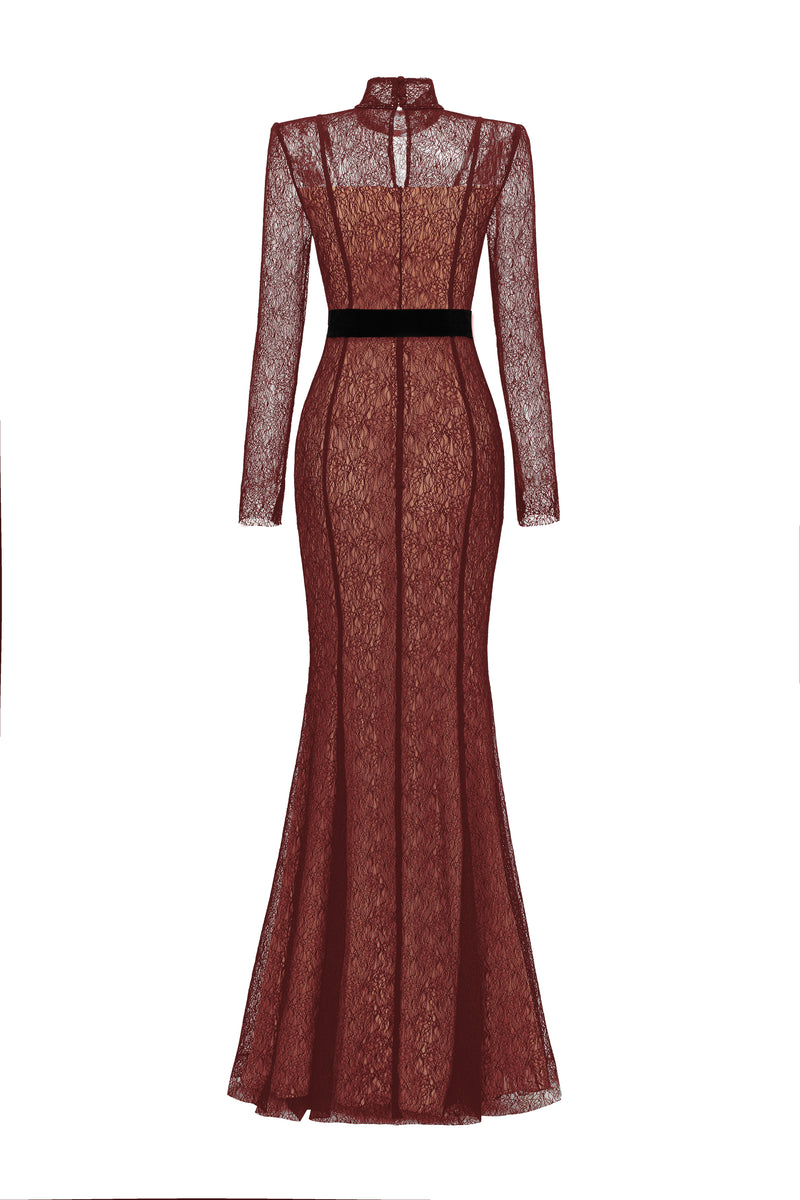VINE GUIPURE LACE AND LYON VELVET LIPSTICK GOWN - CULT MIA