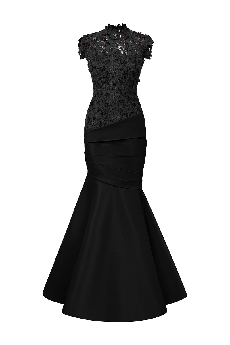 GUIPURE LACE AND TAFFETA SILK LINED DRESS IN BLACK | CULT MIA | I.H.F GUIPURE LACE AND TAFFETA SILK LINED DRESS IN BLACK | CULT MIA | I.H.F