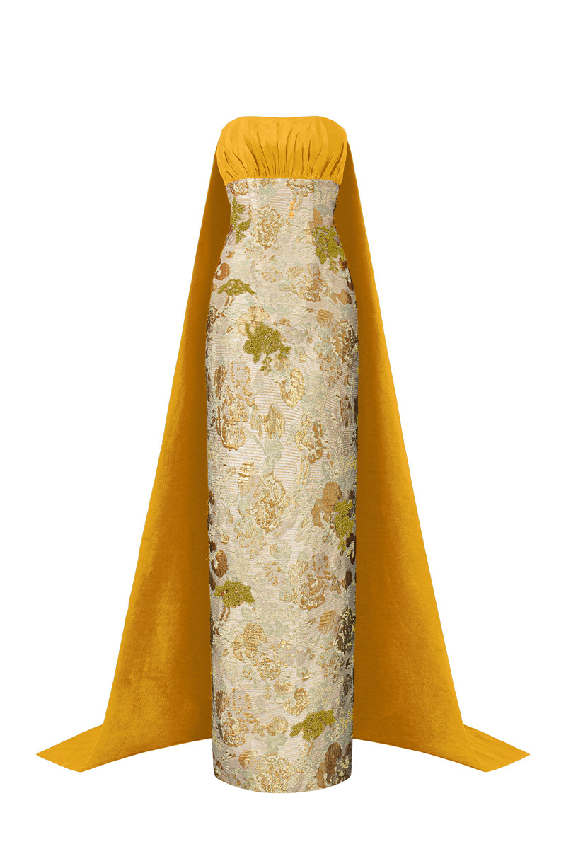 FLORAL METALLIC JACQUARD AND TAFFETA SILK LINED IN GOLD | CULT MIA | I.H.F FLORAL METALLIC JACQUARD AND TAFFETA SILK LINED IN GOLD | CULT MIA | I.H.F