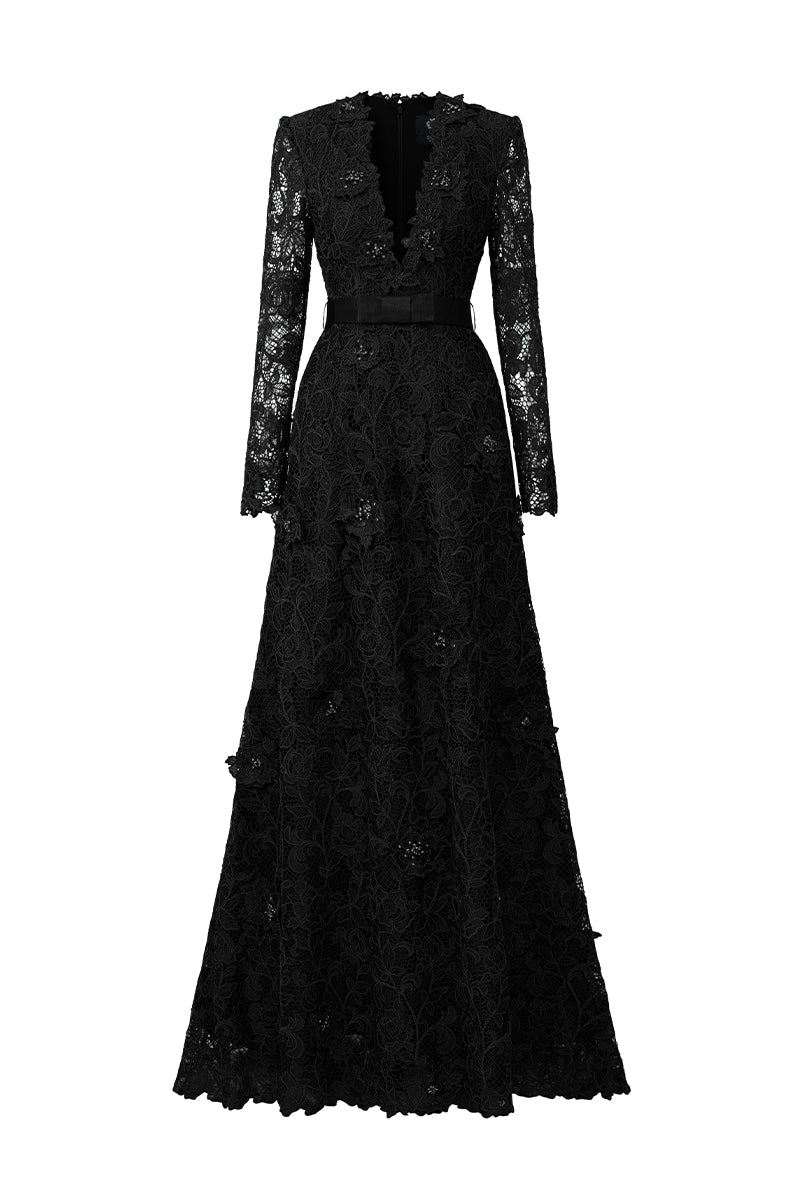 V-NECK A-LINE LACE GOWN WITH LONG SLEEVES IN BLACK | CULT MIA
