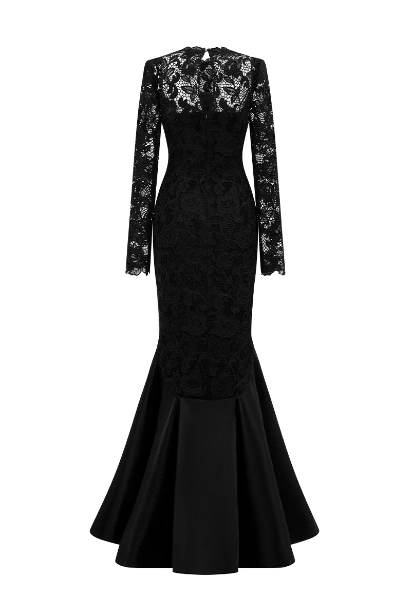 GUIPURE LACE AND TAFFETA DRESS IN BLACK - CULT MIA