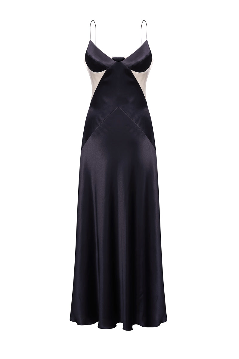 BLACK SILK MIDI DRESS WITH CREAM DETAILS BLACK SILK MIDI DRESS WITH CREAM DETAILS