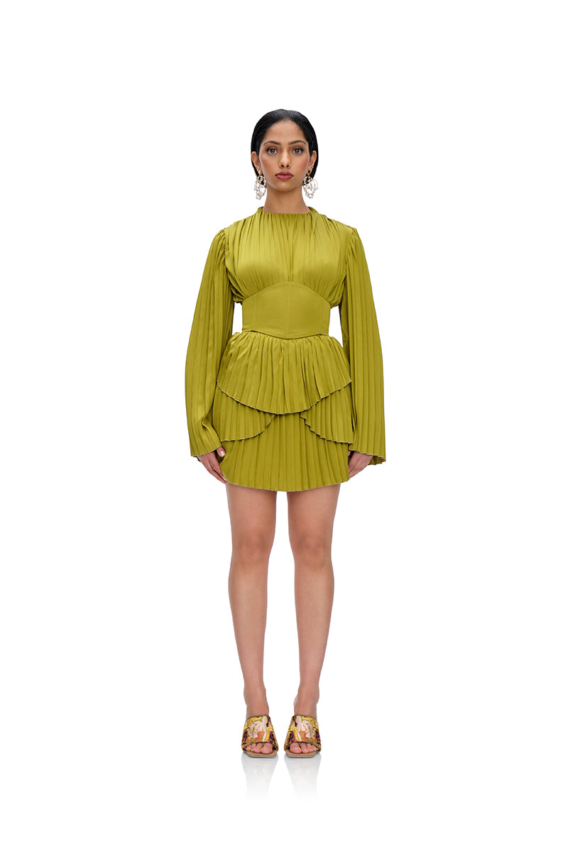 LENTI PLEATED MINI DRESS IN GREEN - CULT MIA