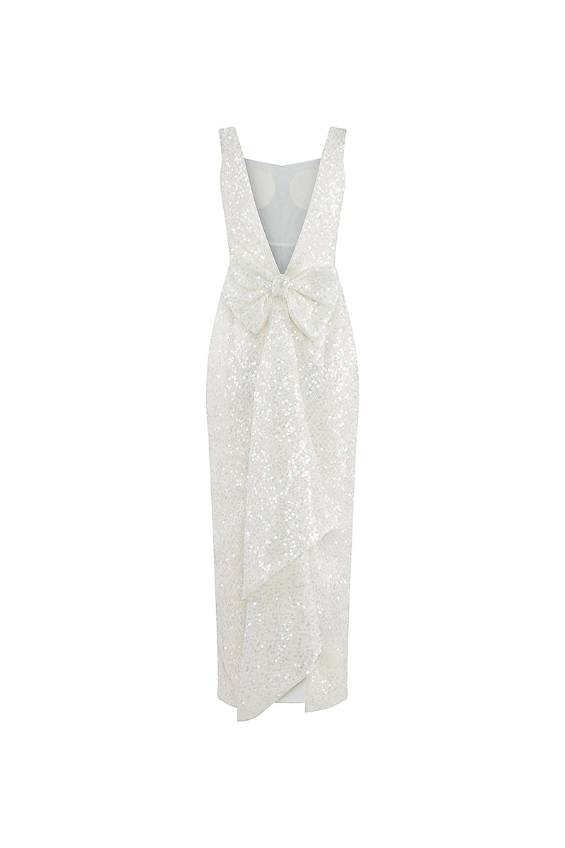SCOOP NECK IVORY SEQUIN MIDI DRESS WITH BOWS - CULT MIA