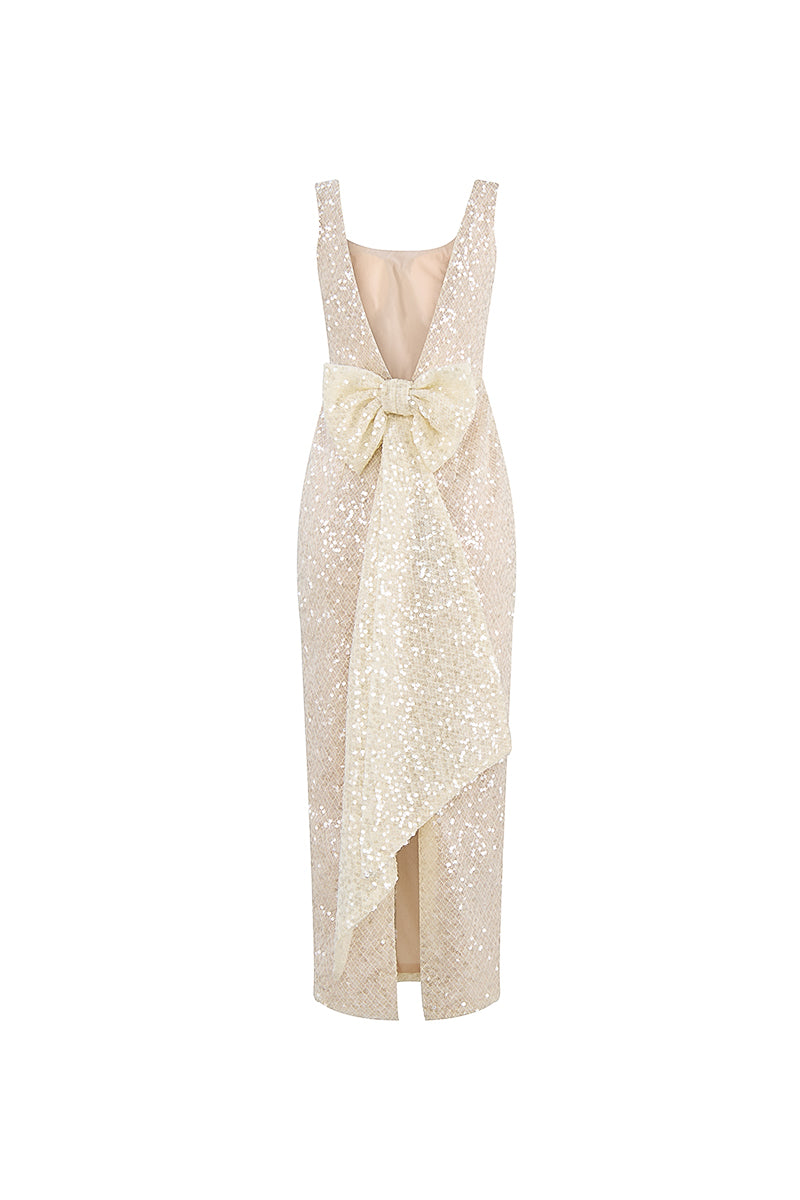 SCOOP NECK IVORY SEQUIN MIDI DRESS - CULT MIA