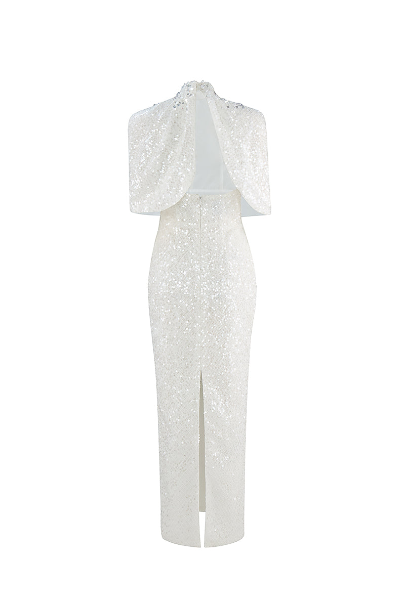 HIGH NECK DRAPED SEQUIN GOWN WITH EMBELLISHED COLLAR - CULT MIA