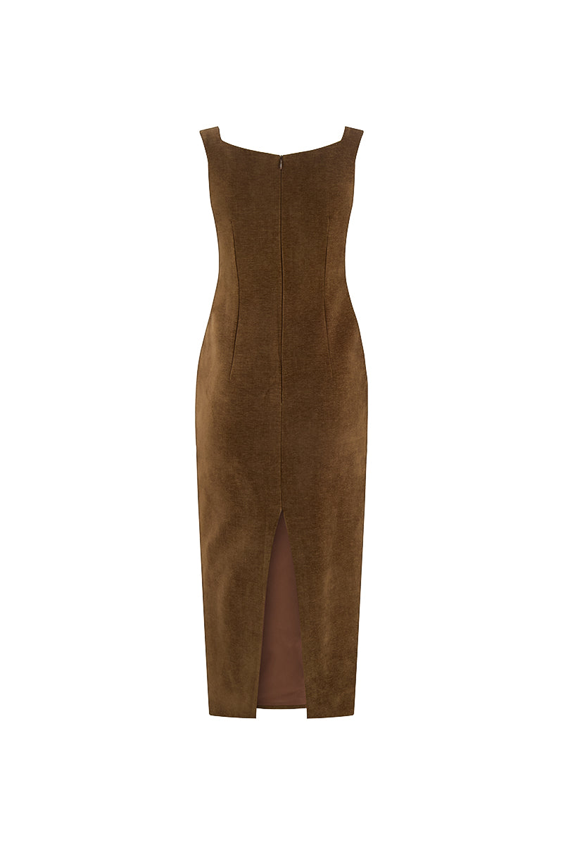 SWEETHEART NECK BROWN MIDI DRESS WITH CRYSTAL DROPLETS - CULT MIA