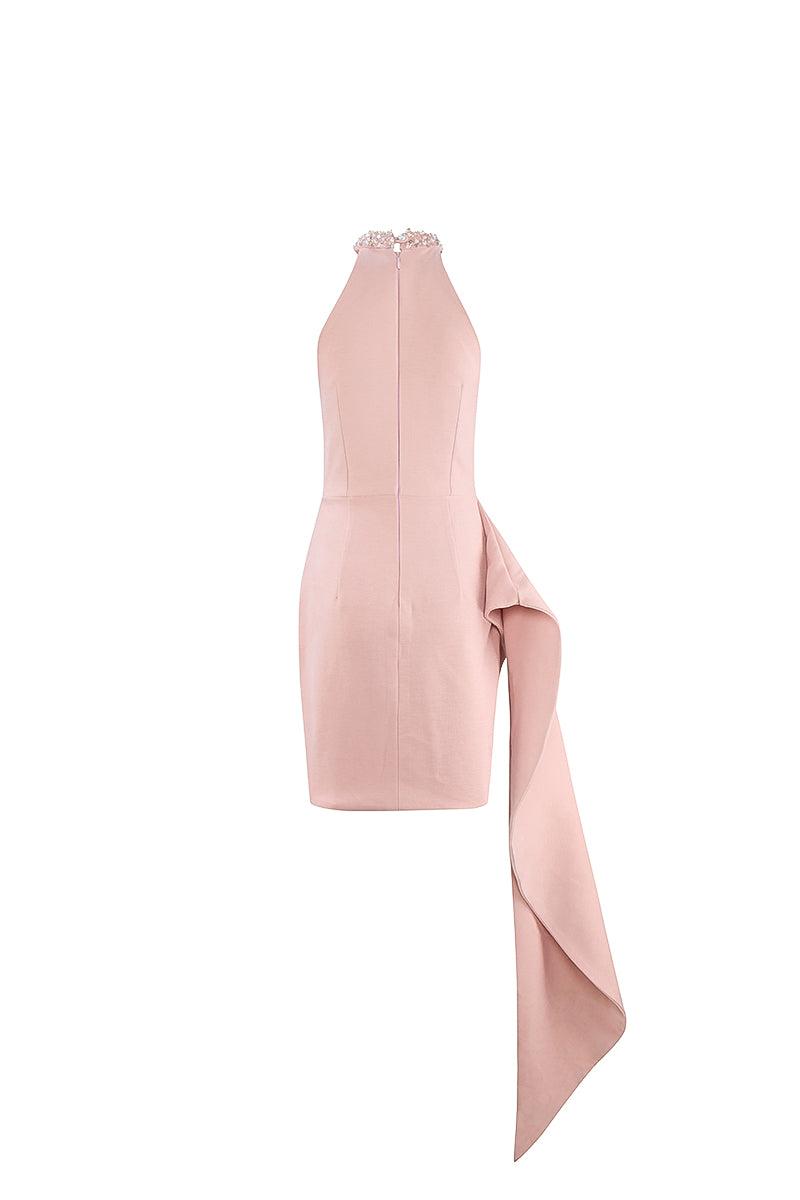 HIGH NECK DRAPED PINK MINI DRESS - CULT MIA