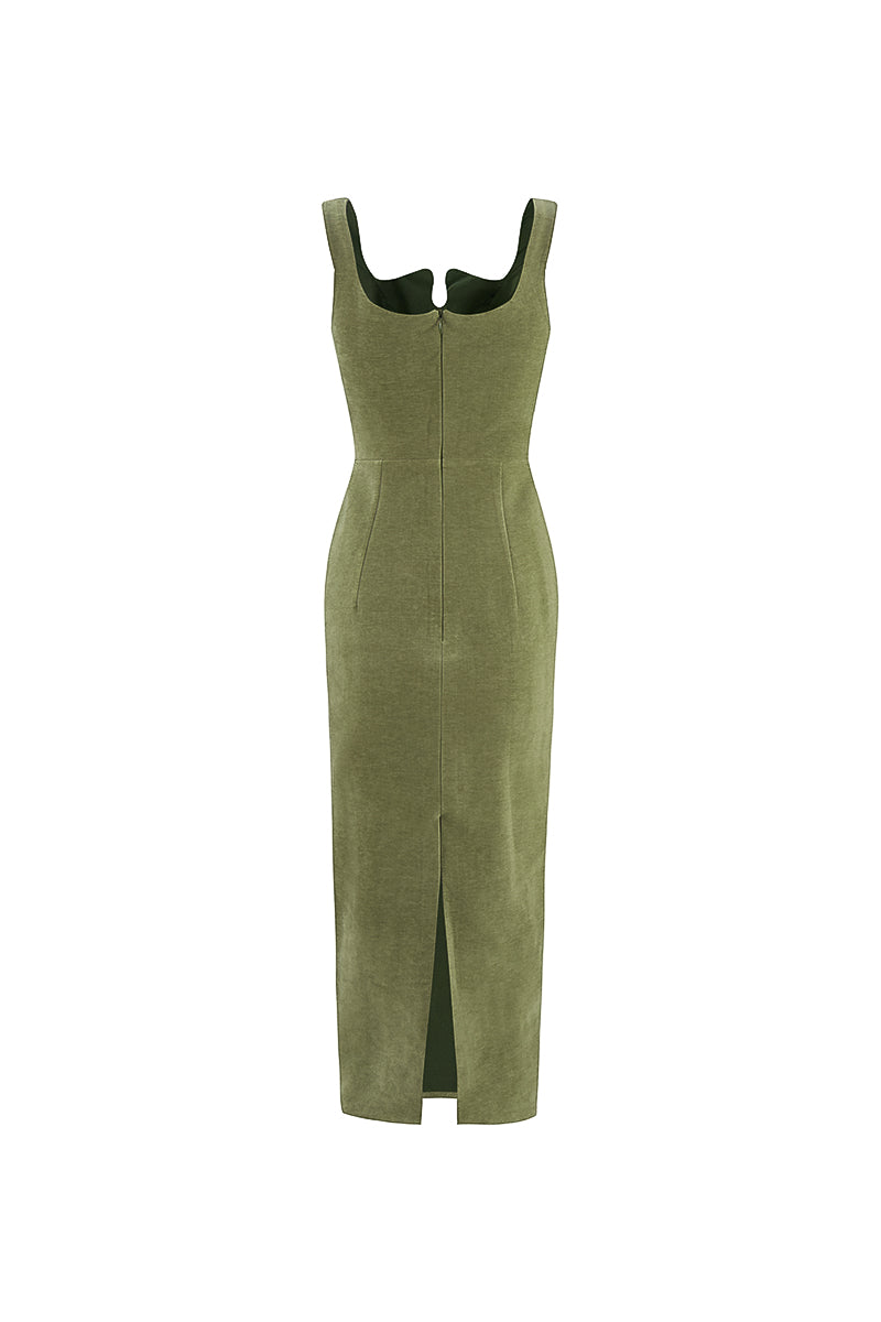 CURVED NECK OLIVE GREEN VELVET MIDI DRESS - CULT MIA
