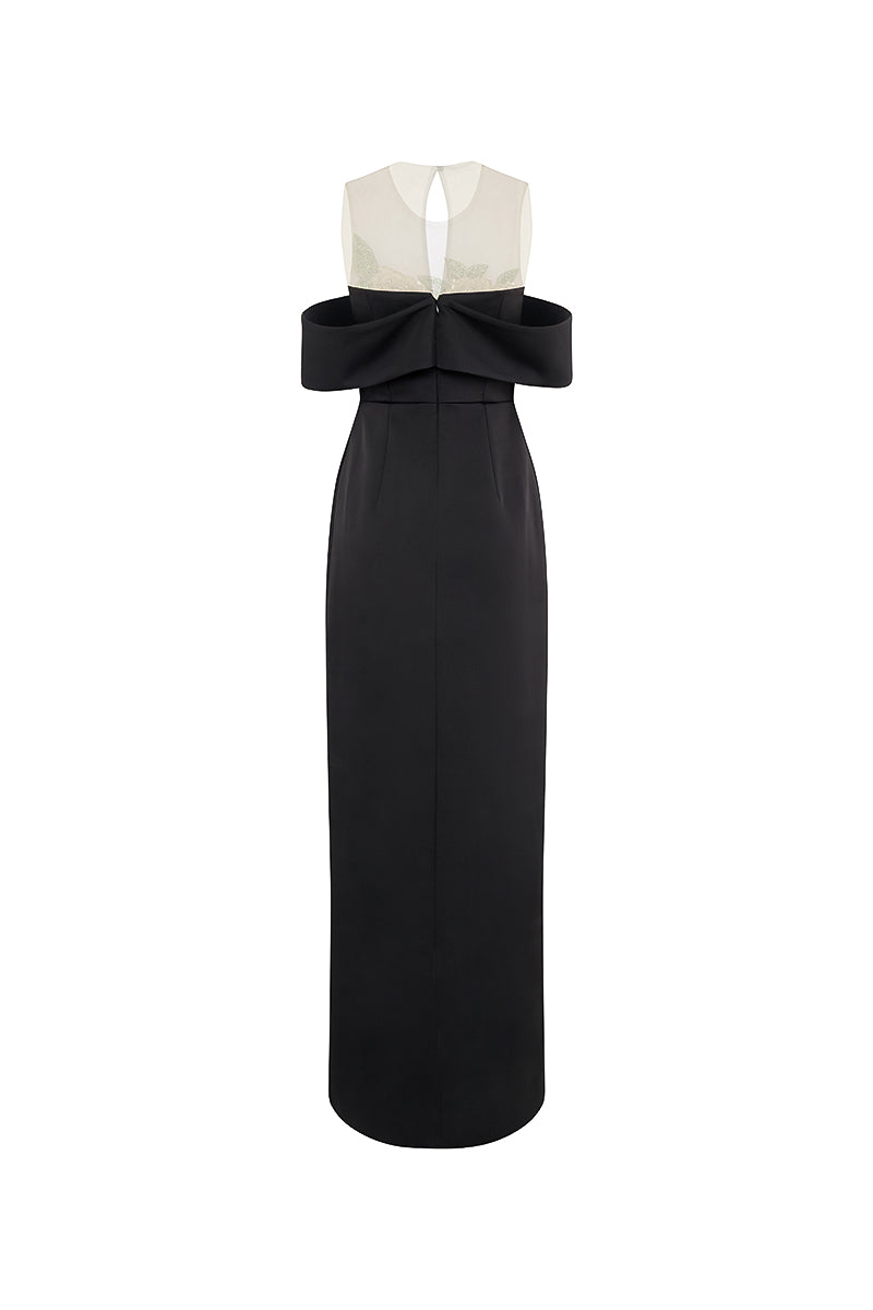 BLACK GOWN WITH SHEER FLORAL EMBROIDERED BODICE - CULT MIA