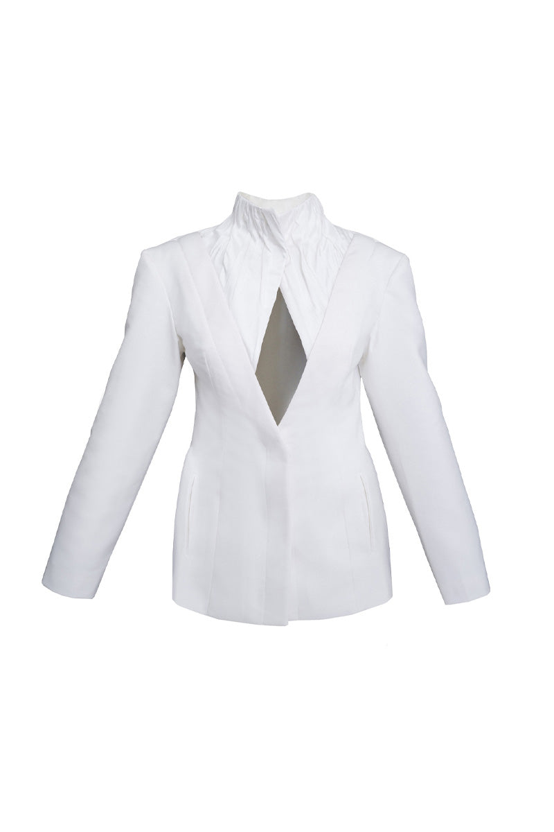 HIGH-NECK PLEATED WHITE BLAZER - CULT MIA