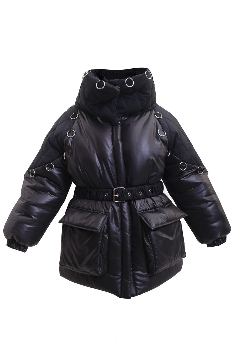 BLACK HIGH-NECK PUFFER JACKET - CULT MIA