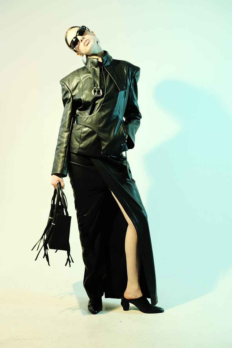 FAUX LEATHER BELT-NECK BLAZER - CULT MIA