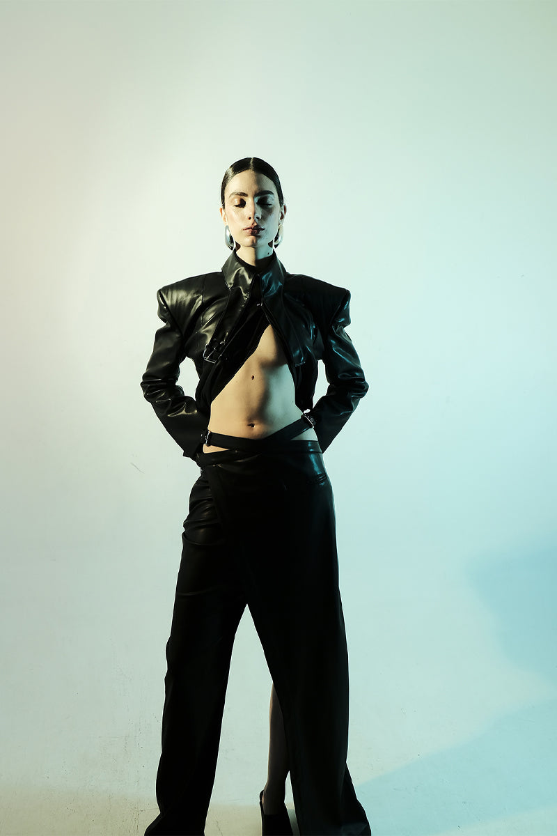 FAUX LEATHER BELT-NECK BLAZER - CULT MIA
