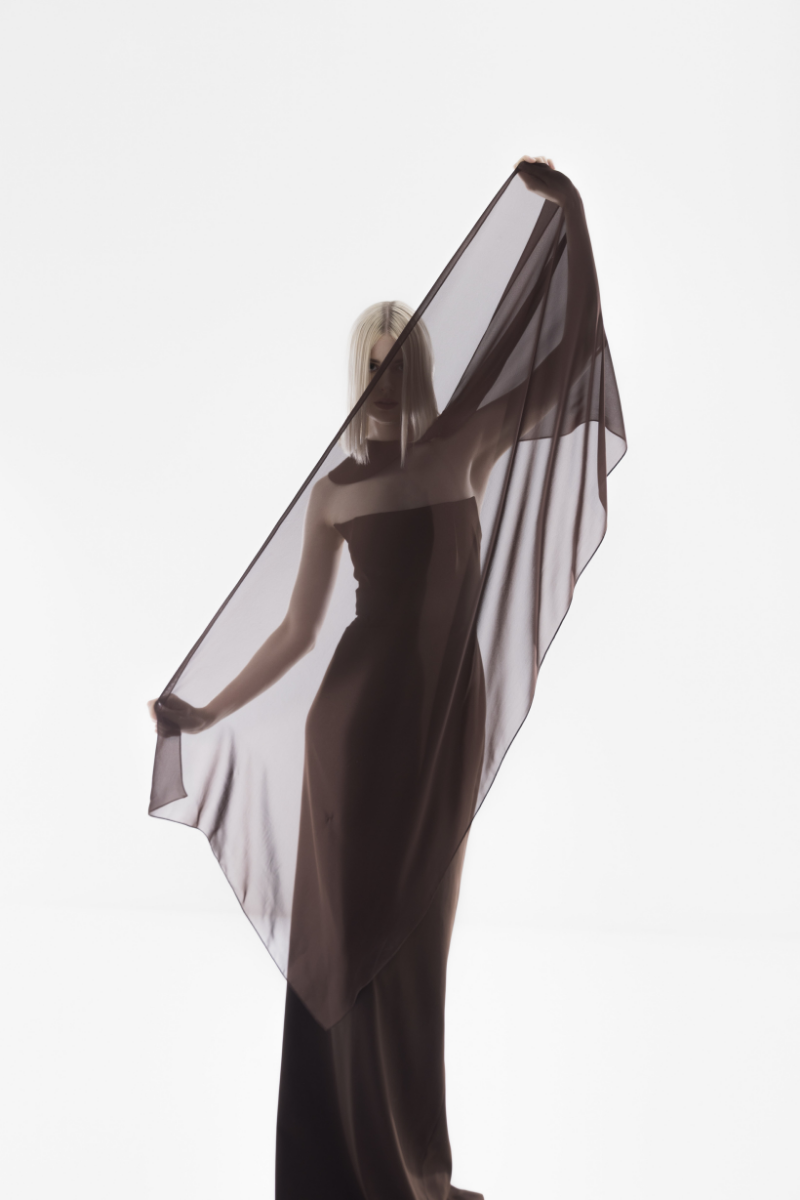 ELEGANT CREPE AND CHIFFON CAPED GOWN IN BROWN - CULT MIA