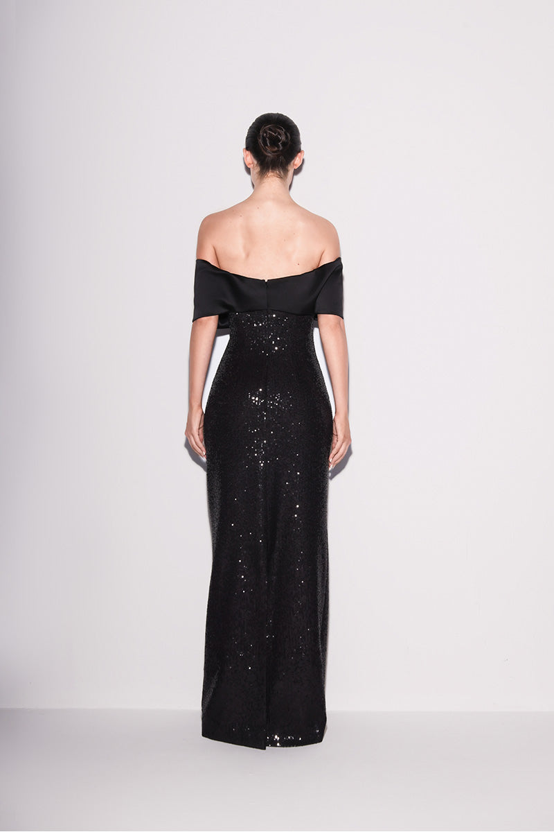 GLAMOUR SEQUIN OFF-SHOULDER GOWN IN BLACK SPARKLE - CULT MIA