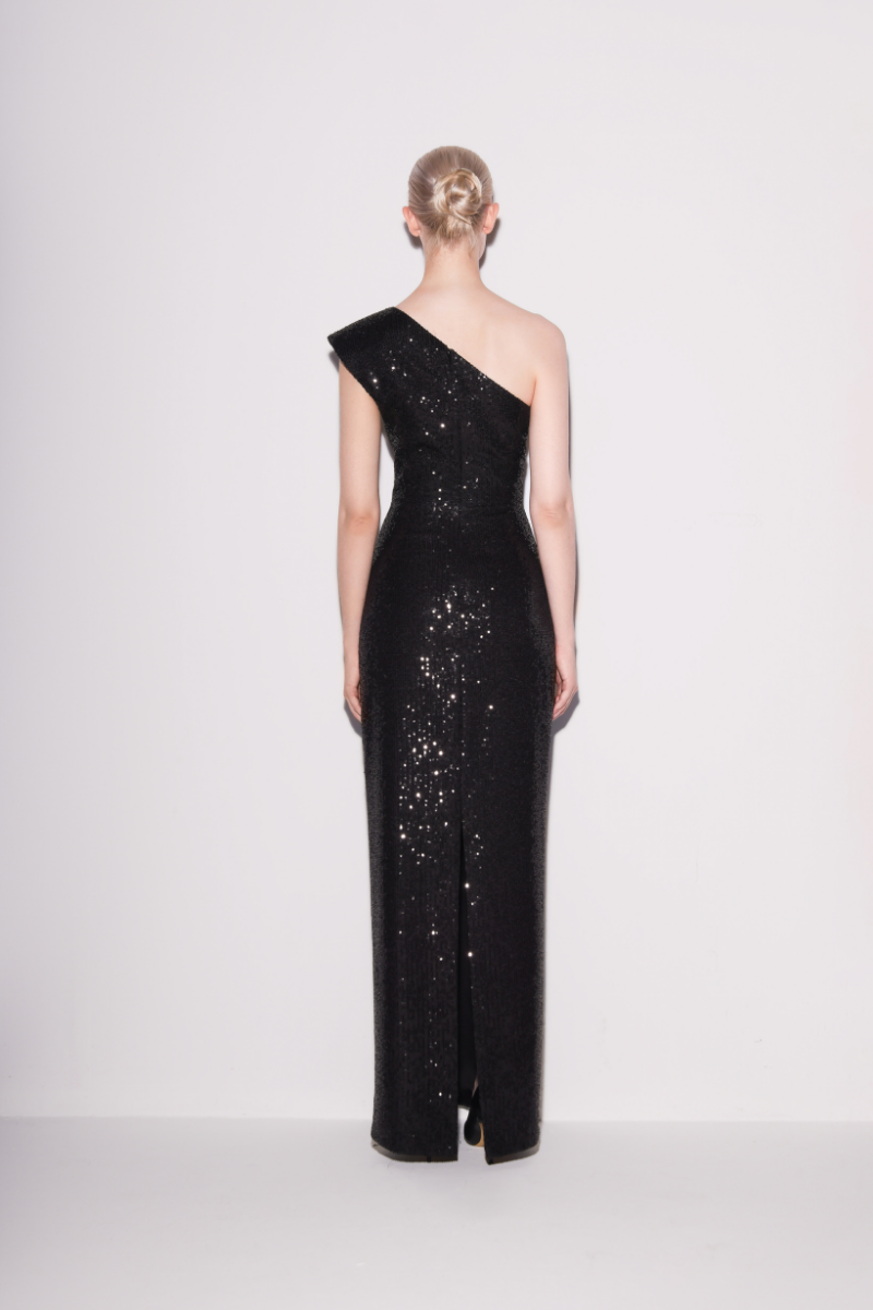 ASYMMETRIC SEQUIN GOWN IN BLACK SPARKLE - CULT MIA
