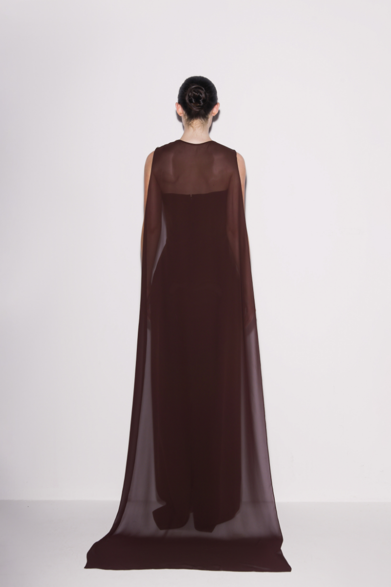ELEGANT CREPE AND CHIFFON CAPED GOWN IN BROWN - CULT MIA