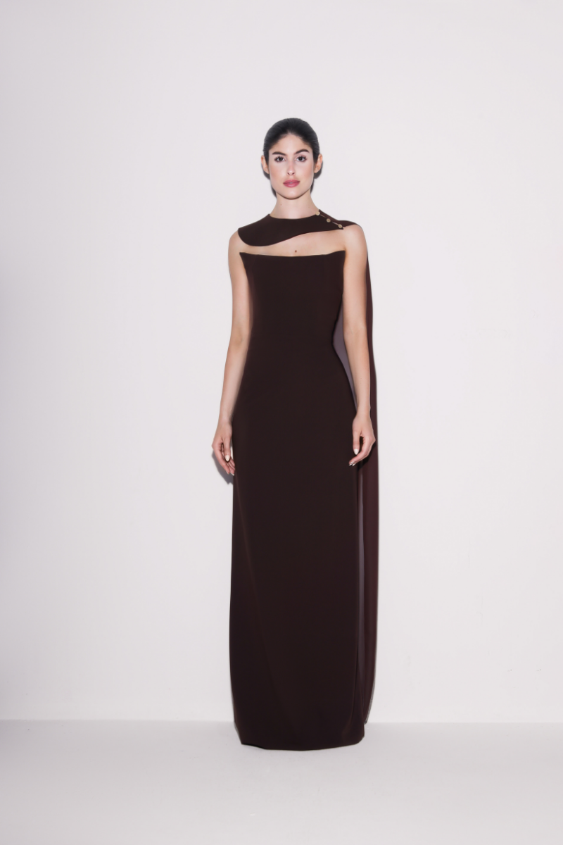 ELEGANT CREPE AND CHIFFON CAPED GOWN IN BROWN - CULT MIA