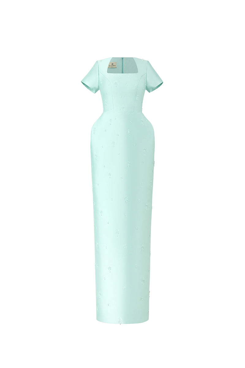 light blue square neck midi dress Blue Square Neck Mesh Slip Midi Dress