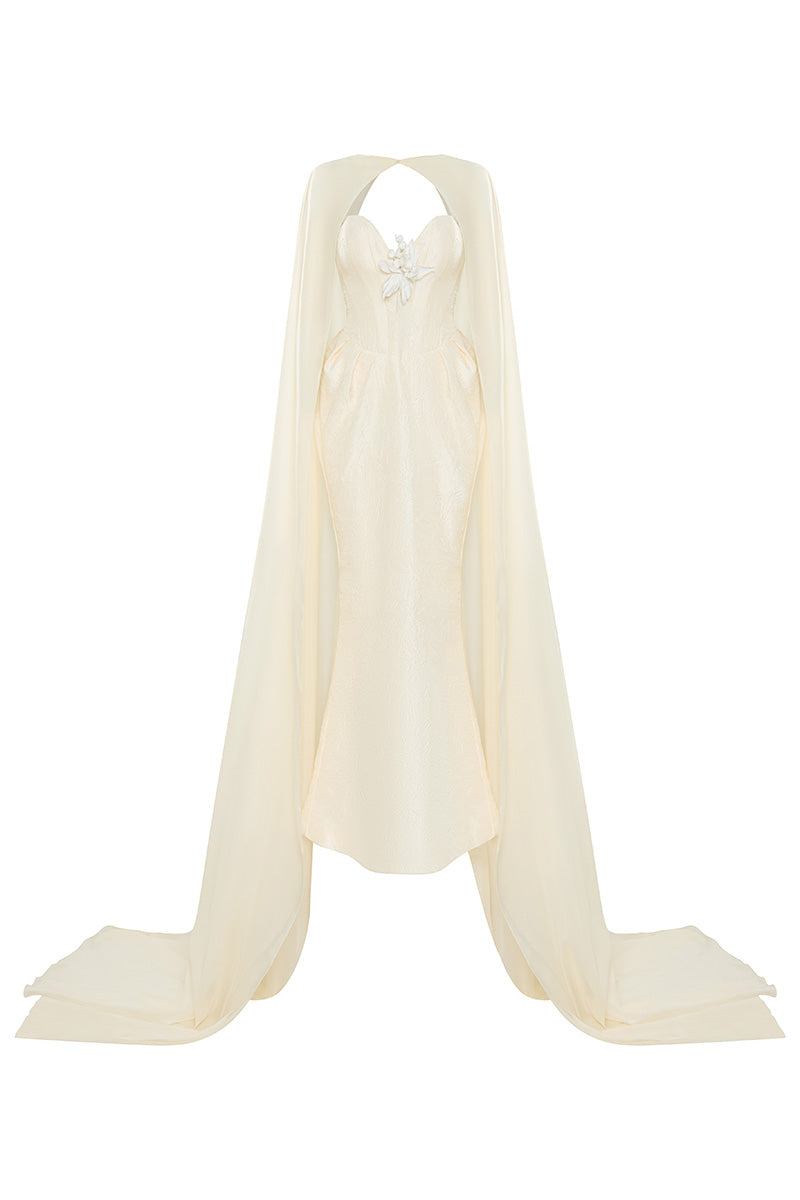 EVANGELINE STRAPLESS JACQUARD GOWN WITH CAPE - CULT MIA