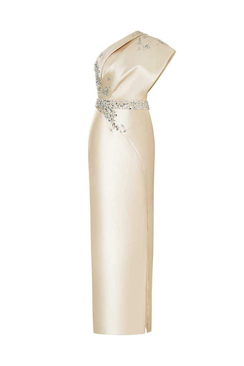 SELENE ONE-SHOULDER SATIN GOWN IN CHAMPAGNE | CULT MIA | HACCHIC COUTURE SELENE ONE-SHOULDER SATIN GOWN IN CHAMPAGNE | CULT MIA | HACCHIC COUTURE