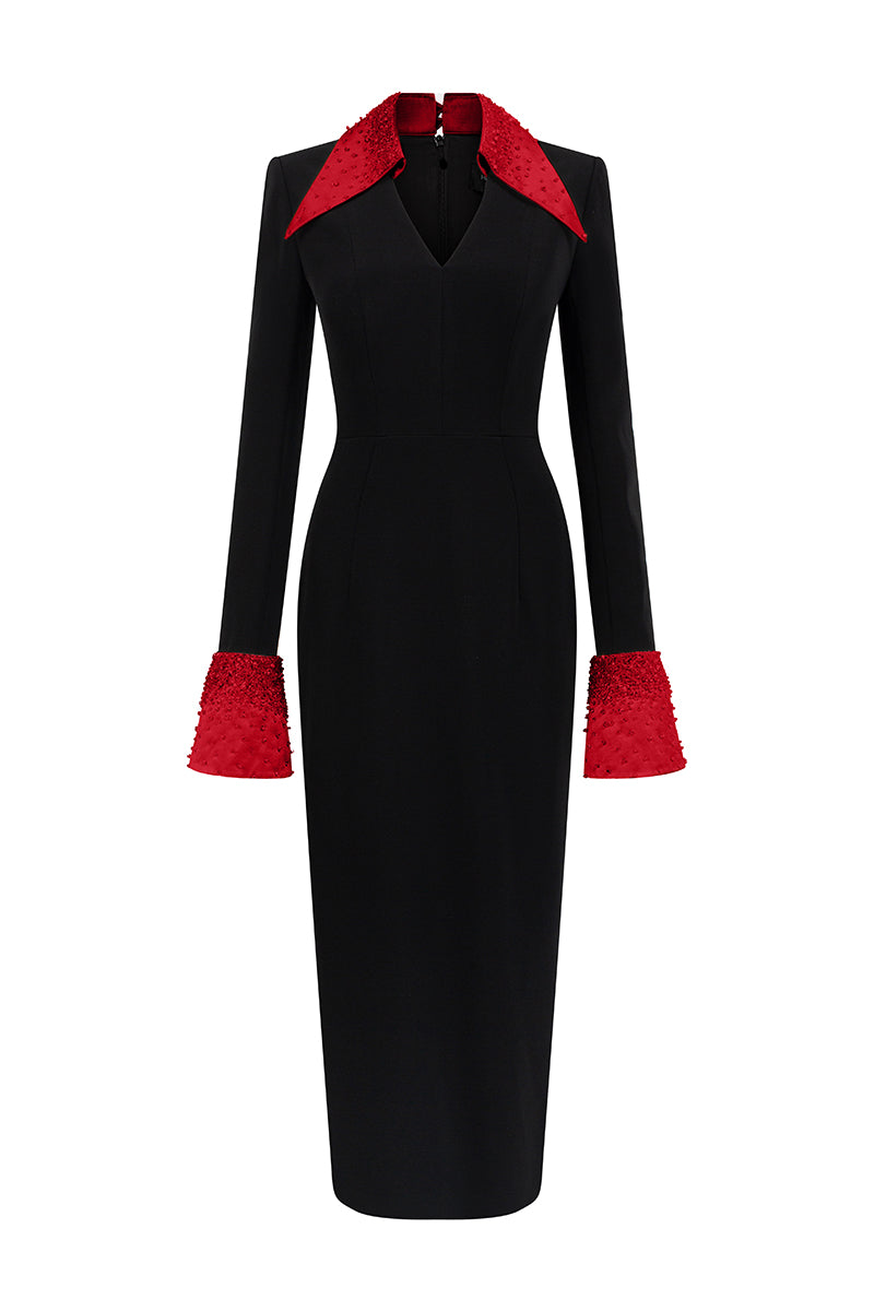 V-NECK FLARED CUFF KNEE LENGTH DRESS IN BLACK AND RED | CULT MIA | I.H.F Studio V-NECK FLARED CUFF KNEE LENGTH DRESS IN BLACK AND RED | CULT MIA | I.H.F Studio
