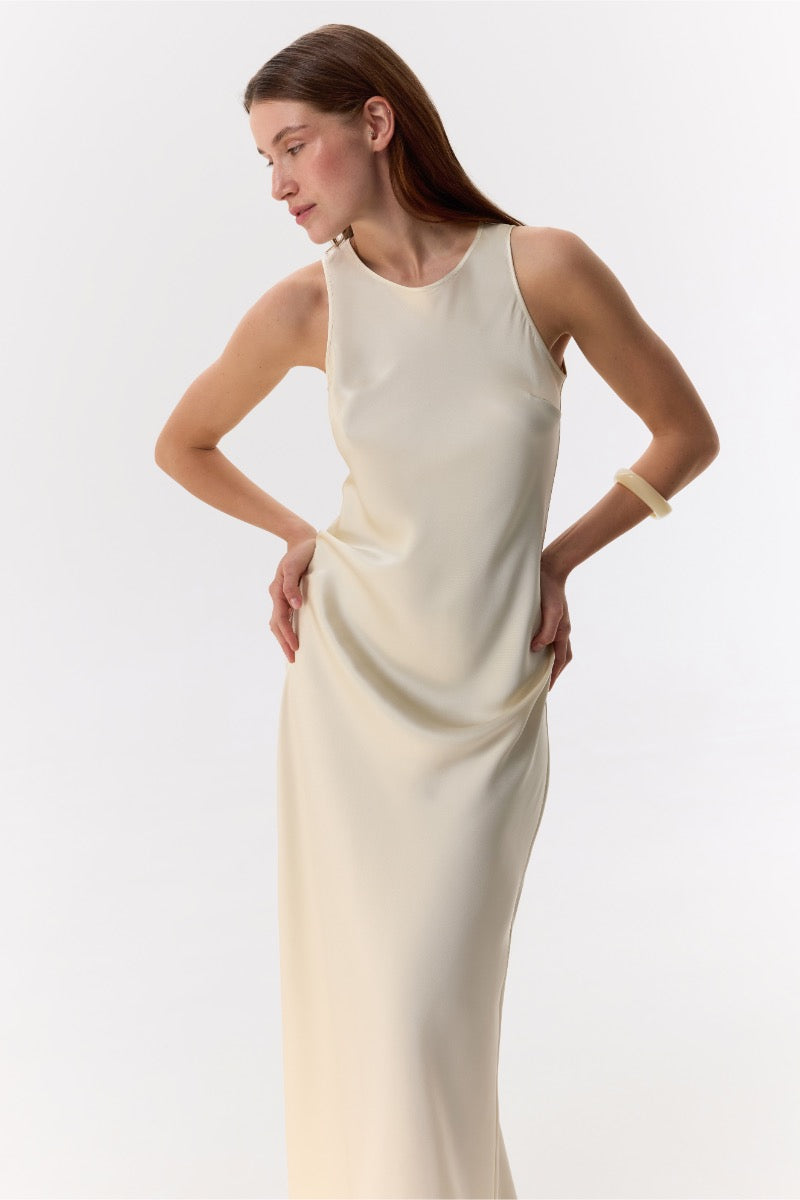 AMANDA BUTTER-CREAM HIGH-NECK SILK-SATIN MAXI DRESS - CULT MIA
