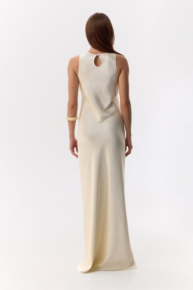 AMANDA BUTTER-CREAM HIGH-NECK SILK-SATIN MAXI DRESS - CULT MIA