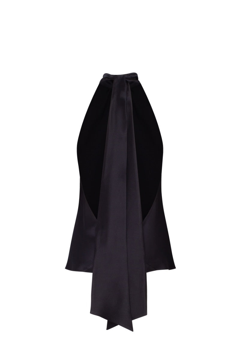 AMORE BLACK SILK-SATIN BACKLESS HALTER-NECK TOP - CULT MIA