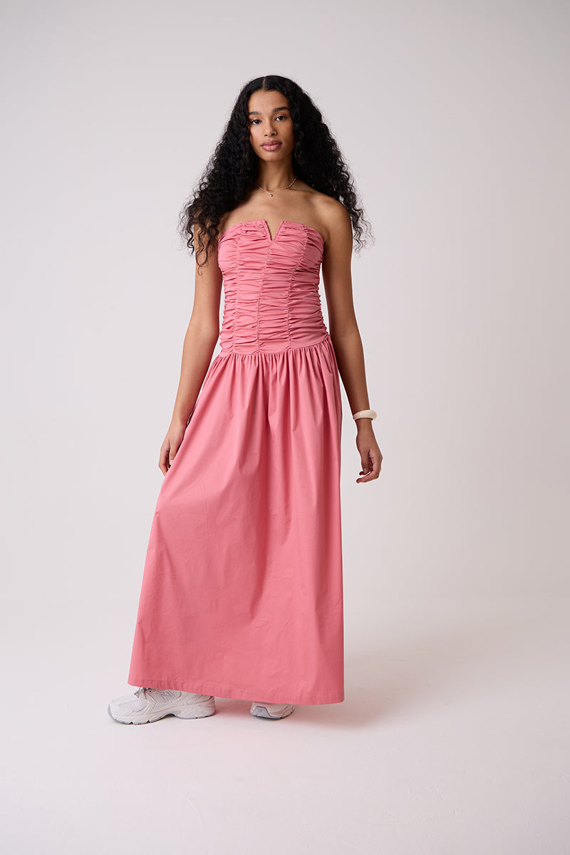 RUCHED COLUMN BARDOT PINK DRESS - CULT MIA