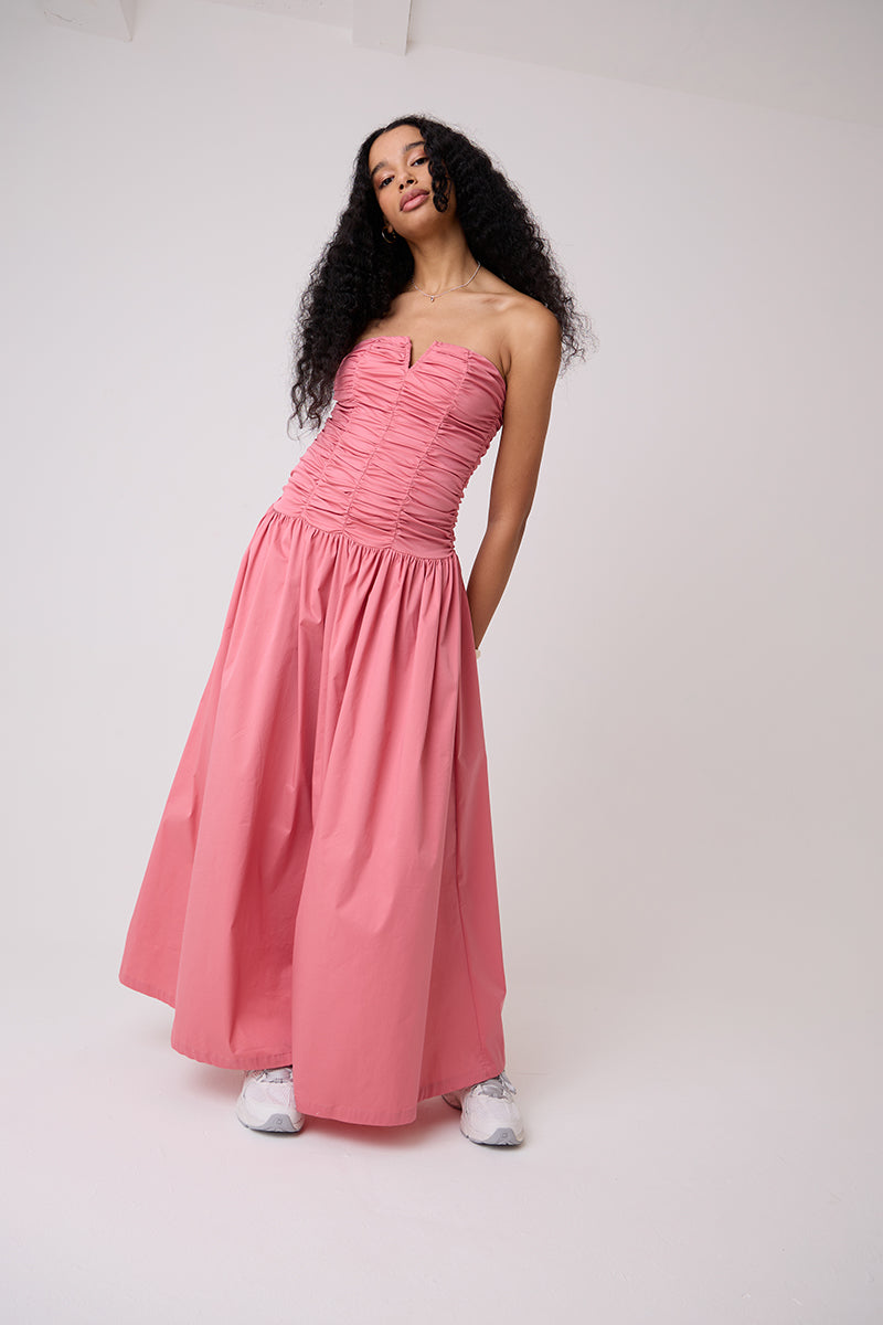 RUCHED COLUMN BARDOT PINK DRESS - CULT MIA