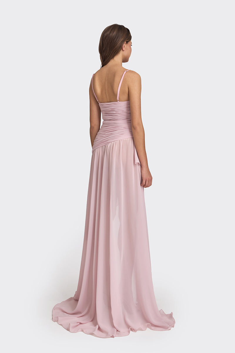 ASYMMETRIC DRAPED CHIFFON MINI DRESS IN DUSTY PINK - CULT MIA