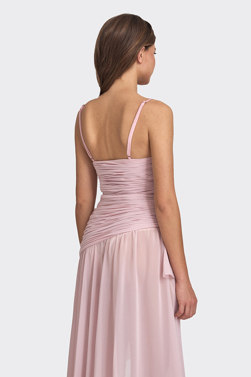 ASYMMETRIC DRAPED CHIFFON MINI DRESS IN DUSTY PINK - CULT MIA