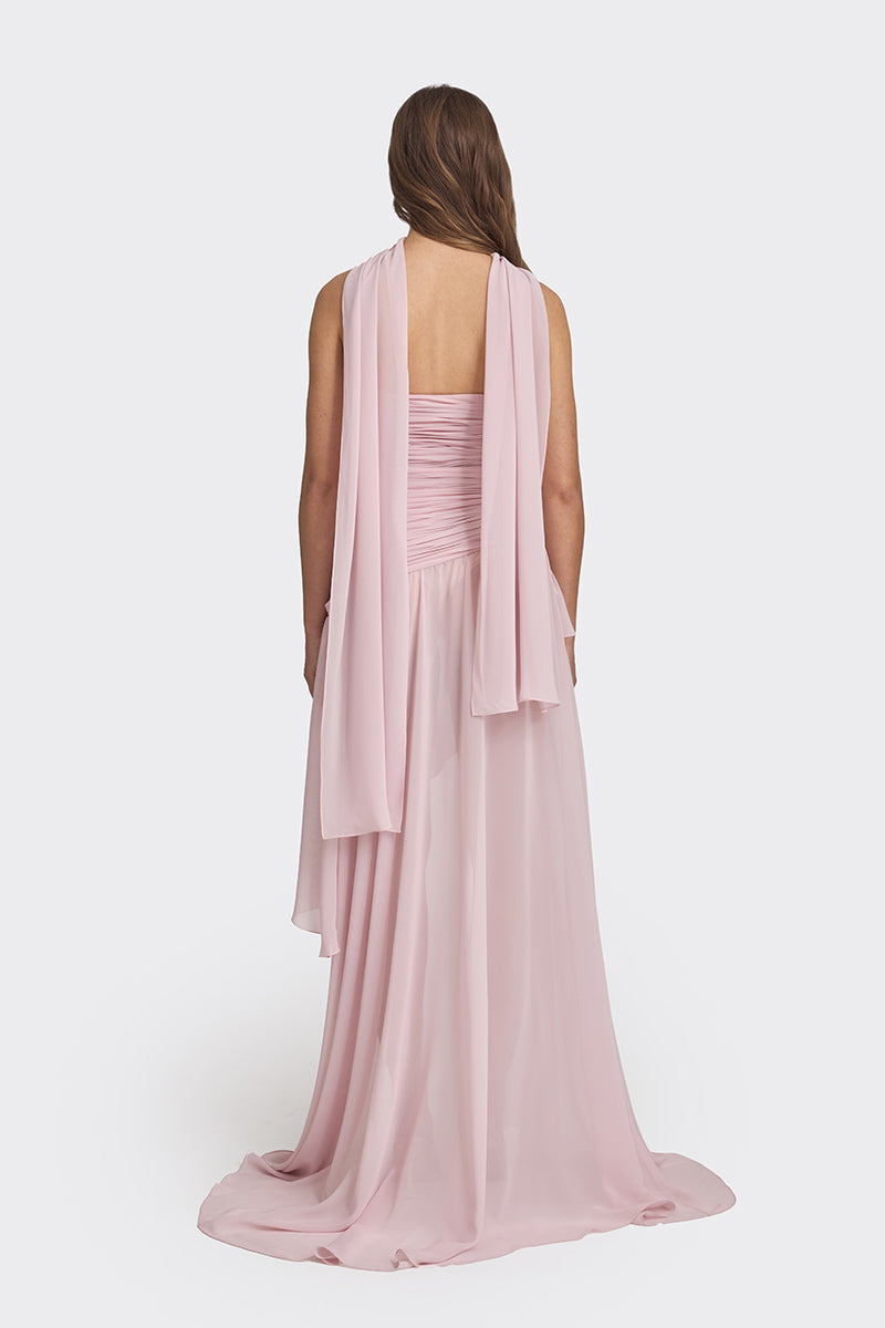 ASYMMETRIC DRAPED CHIFFON MINI DRESS IN DUSTY PINK - CULT MIA